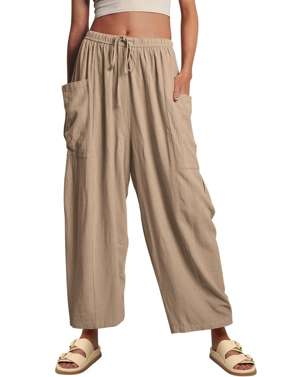 Stretched-waist Pleated High-waisted Wide-leg Loose Casual Cotton And Linen Long Pants Khaki GlamzKart