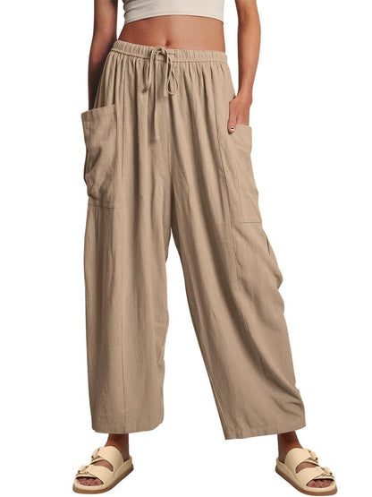 Stretched-waist Pleated High-waisted Wide-leg Loose Casual Cotton And Linen Long Pants Khaki GlamzKart