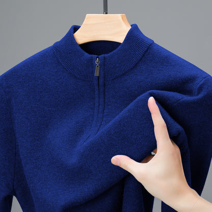 Men's Half-high Collar Zipper Sweater Middle-aged Men's Thickened Keep Warm Pure Color Sweater Blue GlamzKart