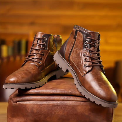 Men's Color Matching Casual Side Zipper Middle Tube Leather Boots Brown GlamzKart