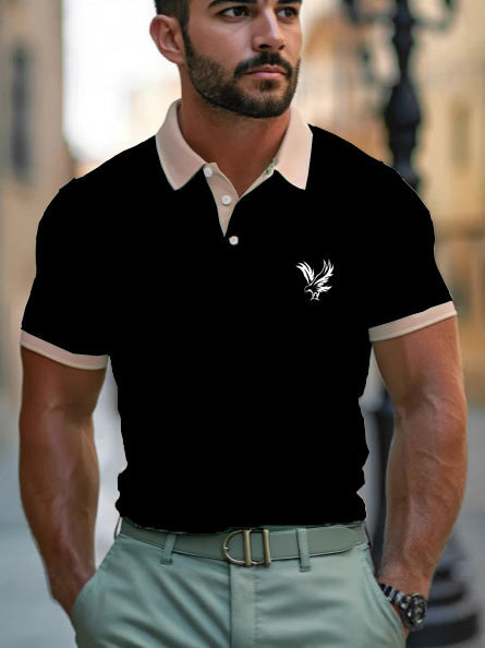 Casual Style Commuter's All-matching Digital Printing Lapel Men's Polo Shirt Black GlamzKart