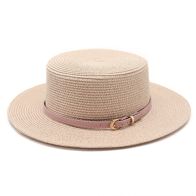 Wide Brim Flat Top Women's Spring And Summer Sun Beach Sun-proof Straw Hat Light Pink M GlamzKart
