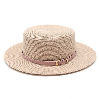 Wide Brim Flat Top Women's Spring And Summer Sun Beach Sun-proof Straw Hat Light Pink M GlamzKart
