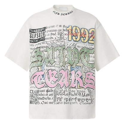American Retro National Trend Hip Hop Graffiti Short Sleeve White GlamzKart