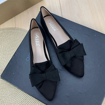 Women's Versatile Solid Color Bow Pointed Flat Shoes Black GlamzKart