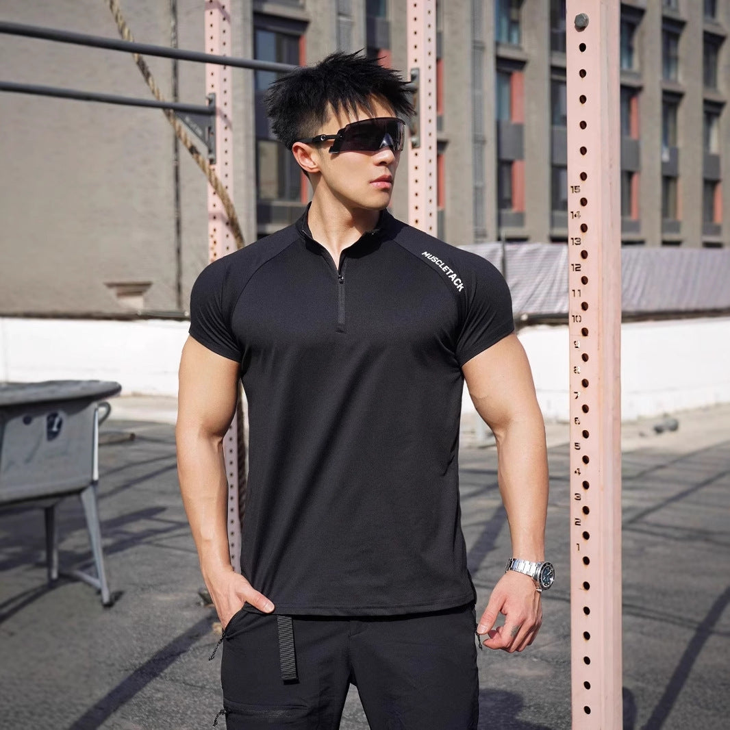 Short Sleeve Outdoor Sports Half Zipper Stand Collar T-shirt GlamzKart