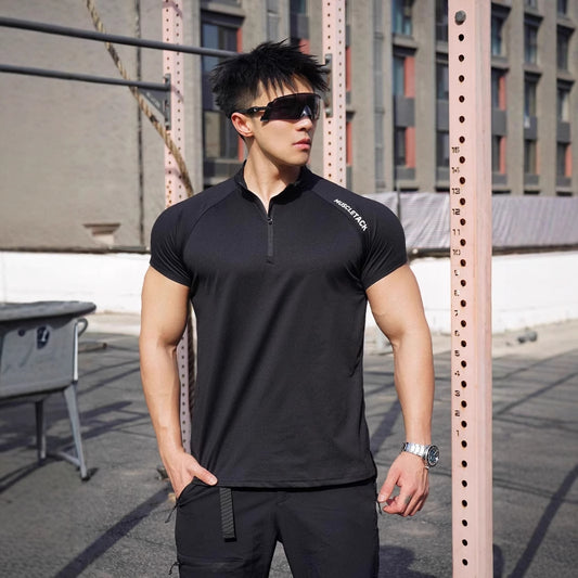 Short Sleeve Outdoor Sports Half Zipper Stand Collar T-shirt GlamzKart