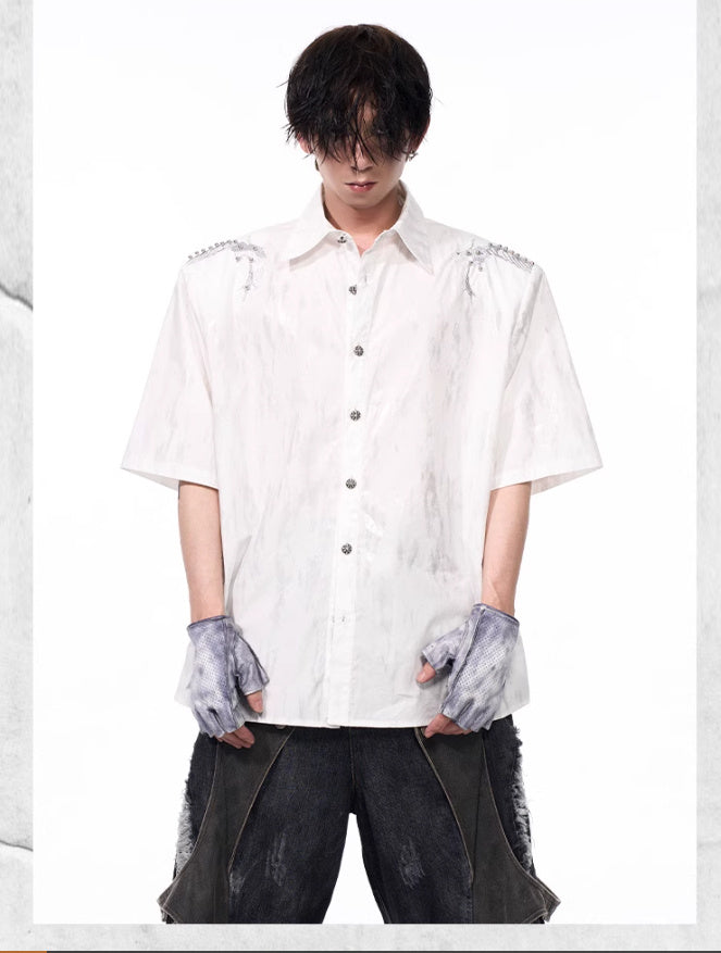 Spine Snake-shaped Shoulder Pad White Shirt Men's Beaded Gold-plated Short Sleeve GlamzKart