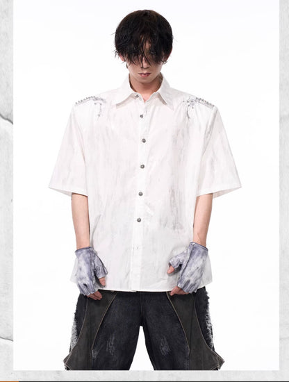 Spine Snake-shaped Shoulder Pad White Shirt Men's Beaded Gold-plated Short Sleeve GlamzKart