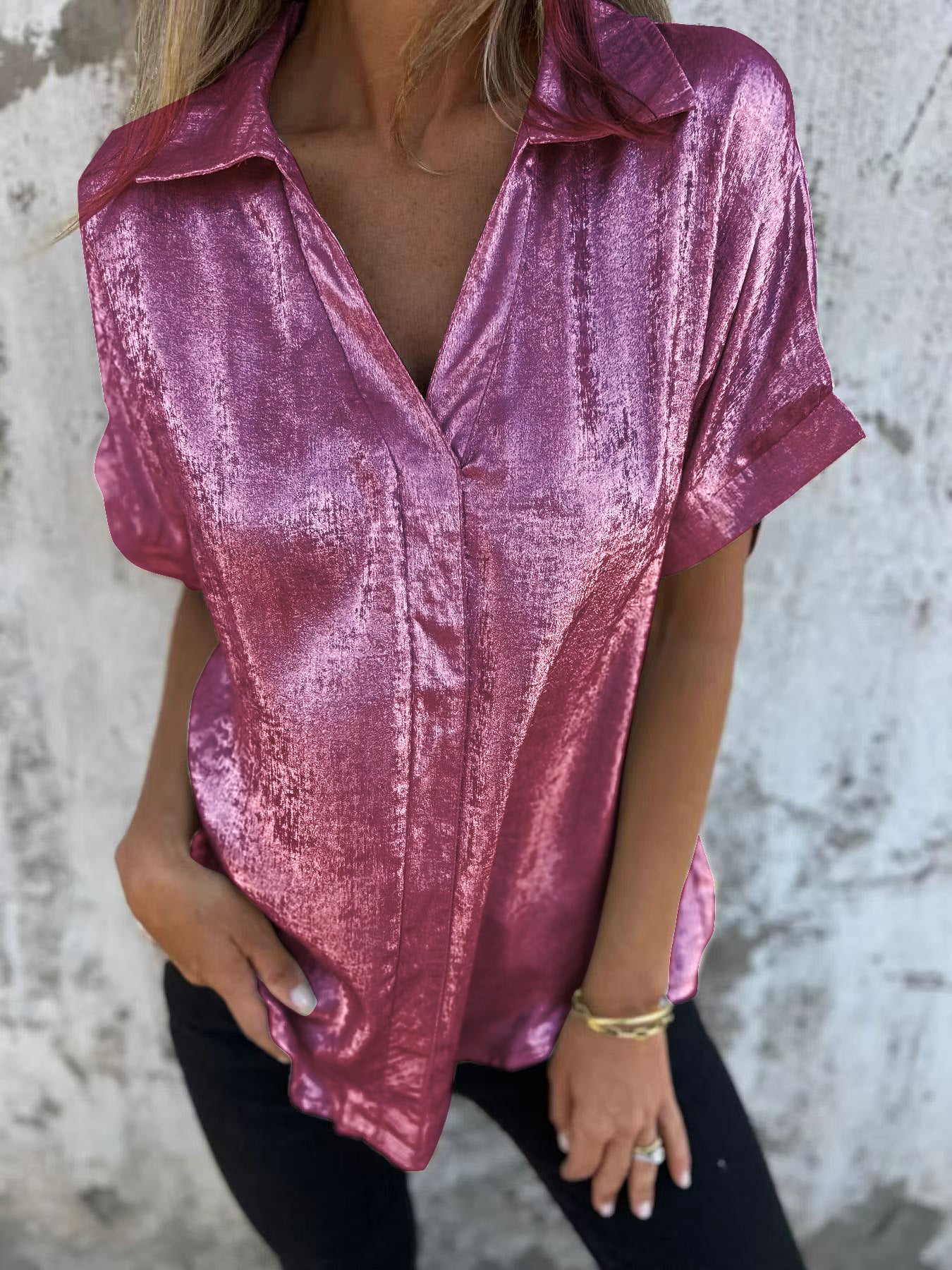 Women's Solid Color Casual Loose Bronzing Short-sleeved Lapel Shirt Purplish Red GlamzKart