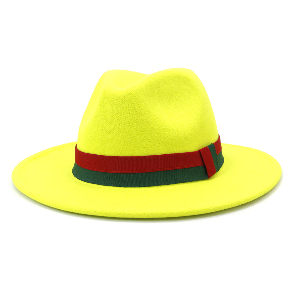 Big Brim British Style Woolen Jazz Top Hat Fluorescent Yellow 58cm GlamzKart