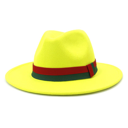 Big Brim British Style Woolen Jazz Top Hat Fluorescent Yellow 58cm GlamzKart