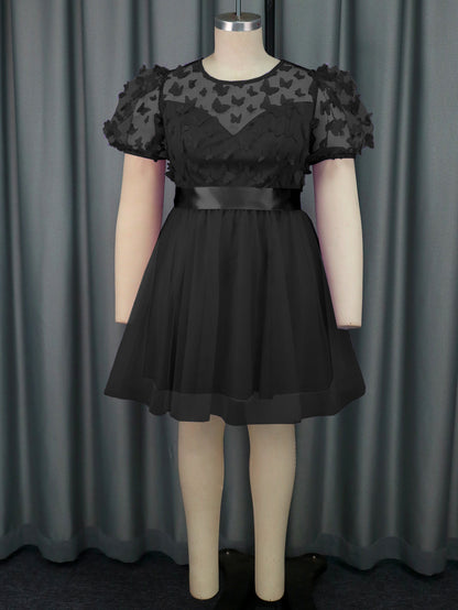 Three-dimensional Butterfly Gauzy Gown Short Sleeve Cute Lady Dress Black GlamzKart