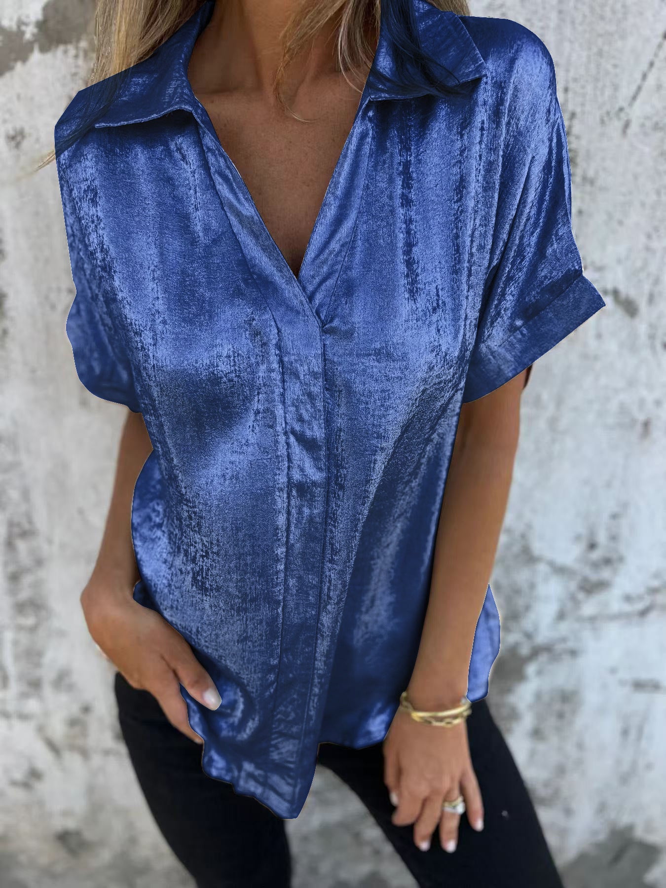 Women's Solid Color Casual Loose Bronzing Short-sleeved Lapel Shirt Blue GlamzKart