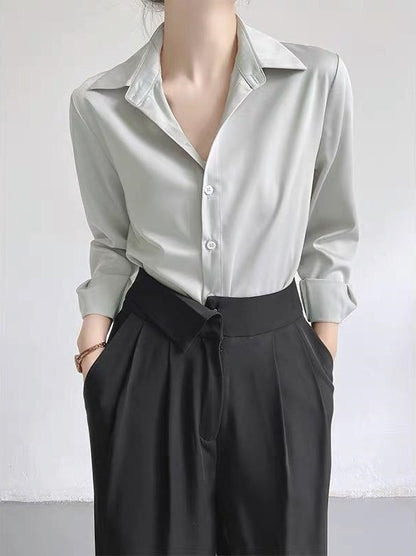Women's High-grade Green Satin Shirt Light Silver Gray GlamzKart