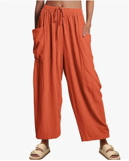 Elastic Pleated High Waist Cotton Linen Wide Leg Pants Orange Red GlamzKart