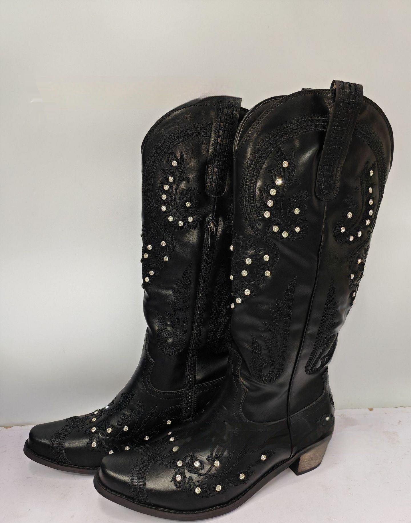 Embroidered Rhinestone Thick High Heel Side Zipper High-top Boots GlamzKart