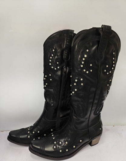Embroidered Rhinestone Thick High Heel Side Zipper High-top Boots GlamzKart