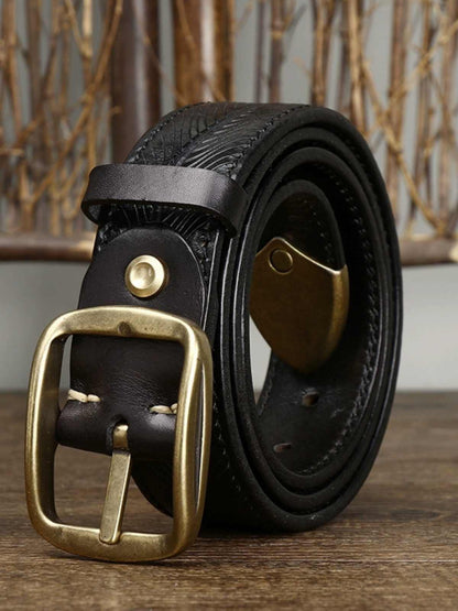 3.8CM Wide Thick Double-sided Cowhide Brass Buckle Belt GlamzKart