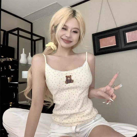 Cute Bear Printed Camisole Women's Lace Cardigan