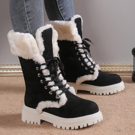 Winter Lace-up Snow Boots For Women Mid-tube Fleece Shoes Warm Chunky Heels Plush Boot GlamzKart
