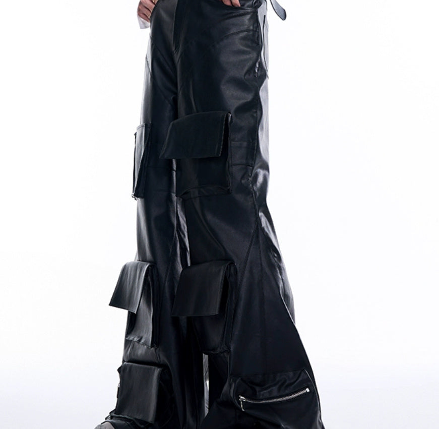 Autumn Three-dimensional Pocket Leather Pants Wide Leg GlamzKart