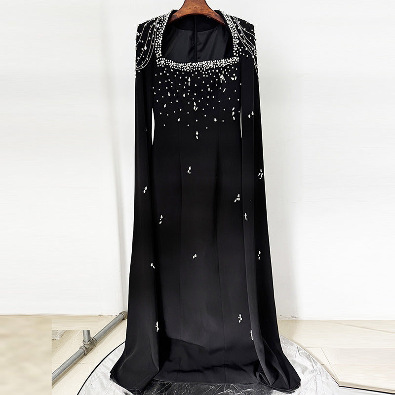 Beaded Lanyard Shawl Sleeve And Floor Long Dress GlamzKart