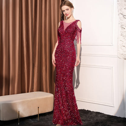 Sequin Long Slim Slimming Fishtail Dress Wine Red 18580 GlamzKart