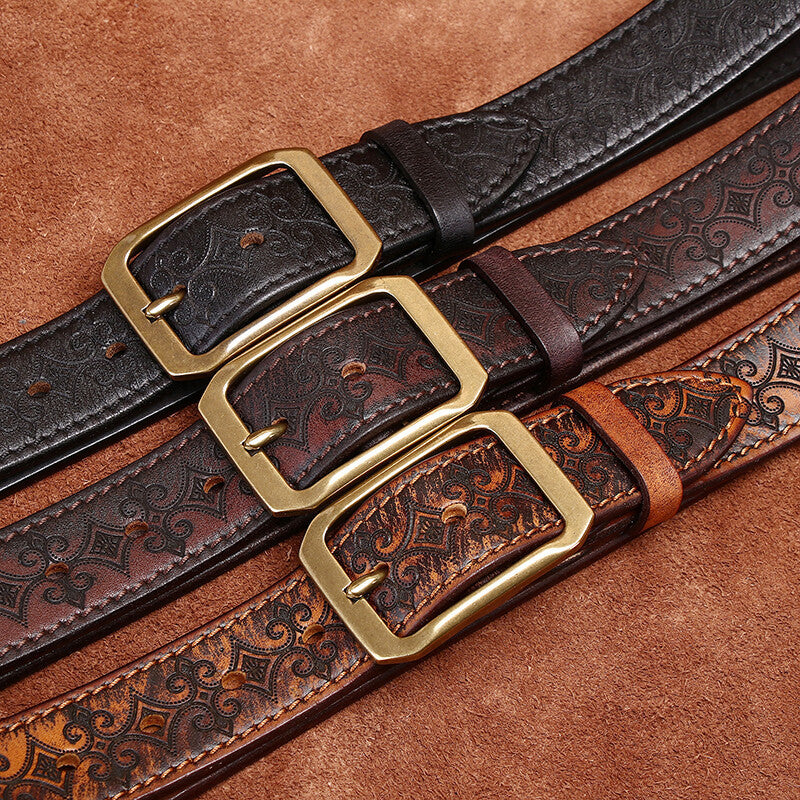 Thick First Layer Cowhide Double-sided Available Carved Genuine Leather Belt GlamzKart