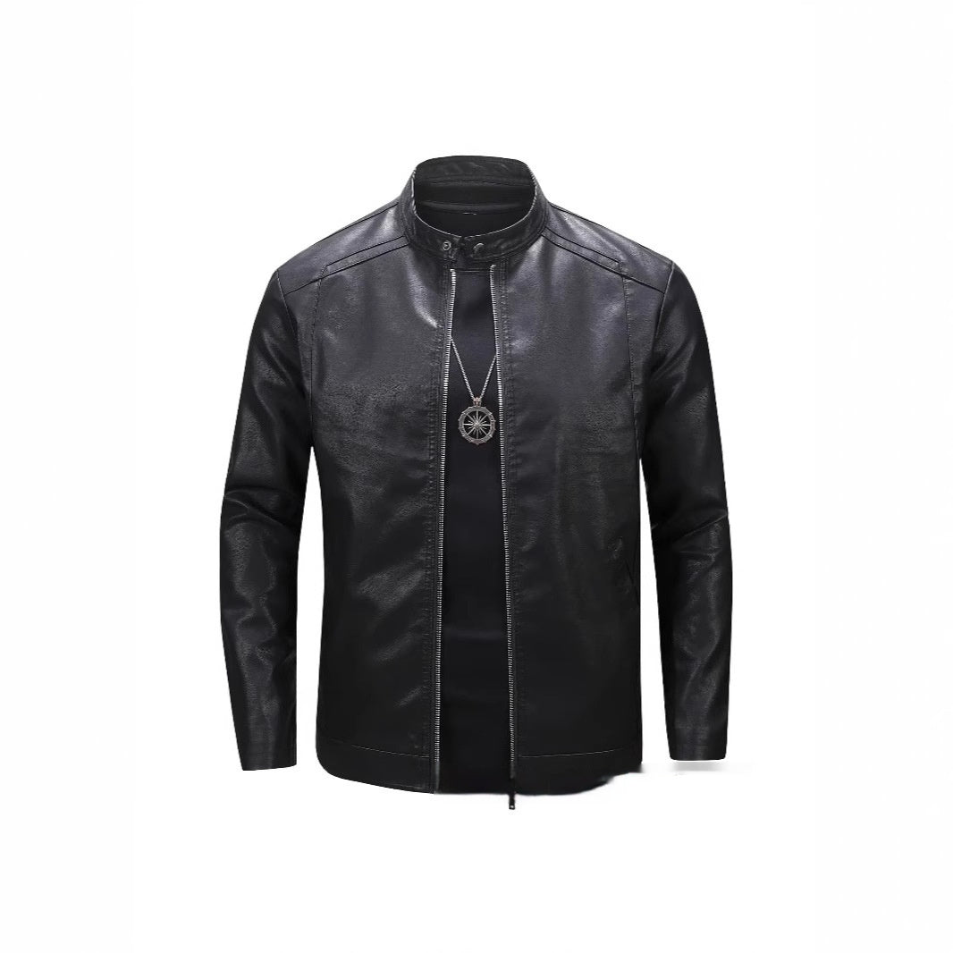 Spring And Autumn Men's Slim Leather Clothing With Stand Collar Jacket GlamzKart