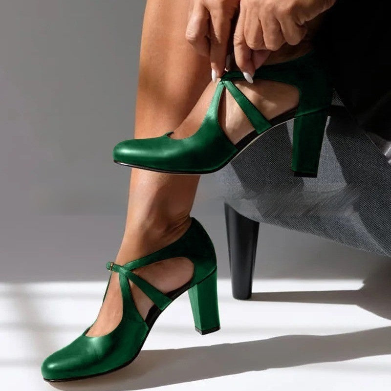 Women's High Heel Round Toe Buckle Large Size Shoes Green GlamzKart