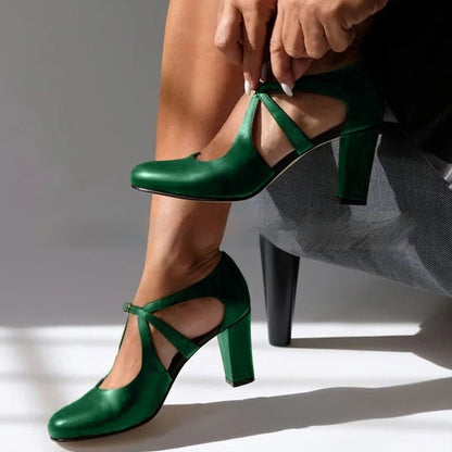 Women's High Heel Round Toe Buckle Large Size Shoes Green GlamzKart