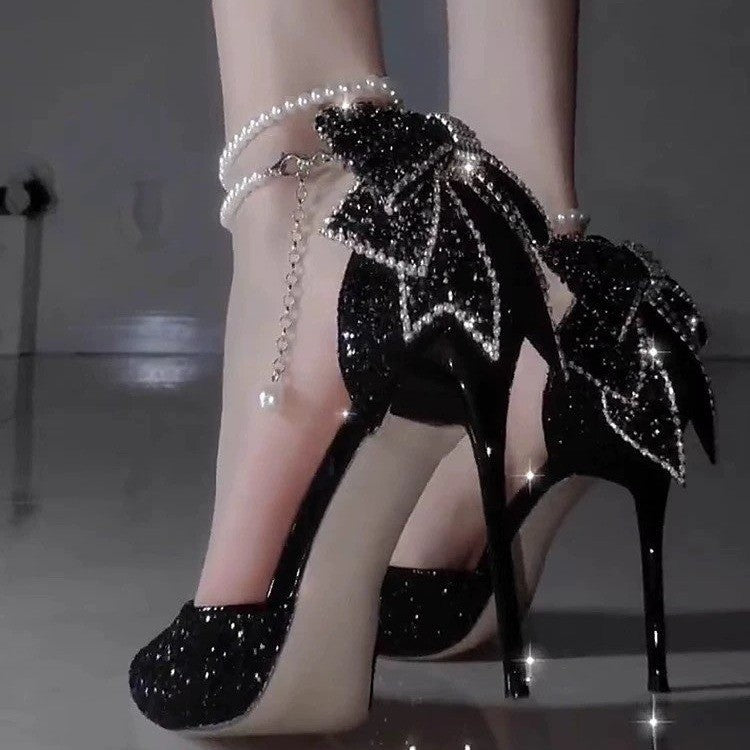 Pointed Toe Shallow Mouth Black Paillette Bow High Heels For Women GlamzKart