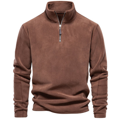Men's Autumn And Winter New Stand Collar Half Zip Long-sleeved Sweater HD08 Brown GlamzKart