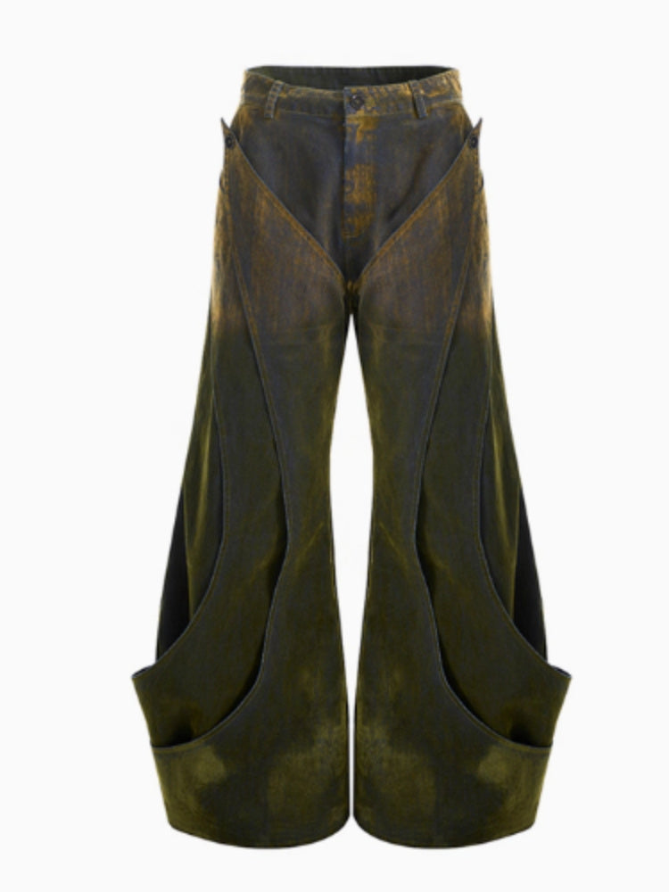 Niche Deconstruction Flocking Jeans Men's Autumn And Winter Brushed Gradient green GlamzKart