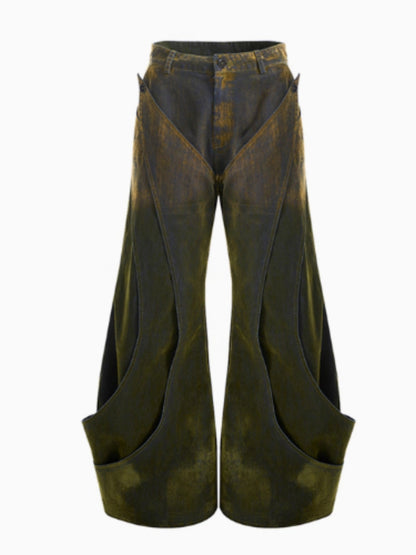 Niche Deconstruction Flocking Jeans Men's Autumn And Winter Brushed Gradient green GlamzKart
