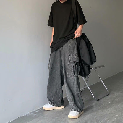 Street Retro Drape Large Loose Pockets Cargo Jeans GlamzKart