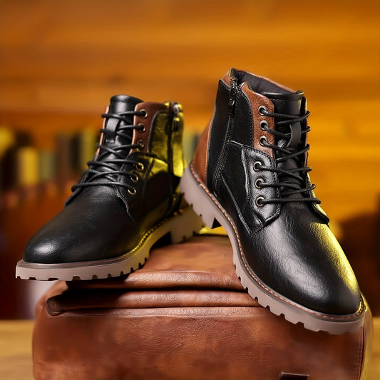 Men's Color Matching Casual Side Zipper Middle Tube Leather Boots GlamzKart