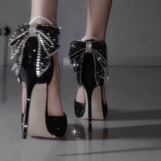 Pointed Toe Shallow Mouth Black Paillette Bow High Heels For Women GlamzKart