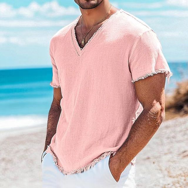 Men's Cotton And Linen Solid Color Short Sleeve Pink GlamzKart
