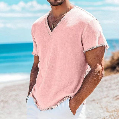 Men's Cotton And Linen Solid Color Short Sleeve Pink GlamzKart