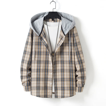 Men's Casual Plaid Long Sleeve Hooded Shirt Khaki GlamzKart