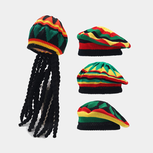 Jamaica Wig Woven Hat Women's Retro Yellow And Green Stitching Beret GlamzKart