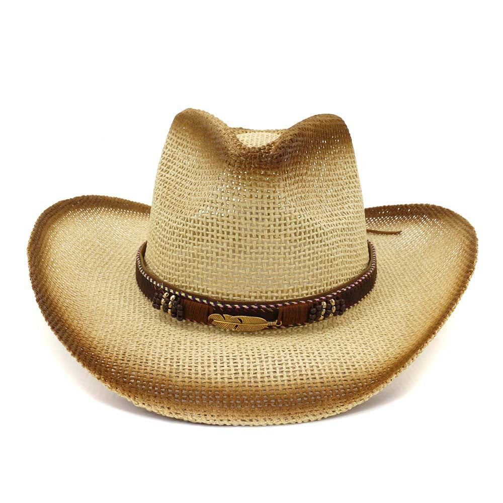 Western Spray Paint Straw Cowboy Hat Beach Hat Beige Free Size GlamzKart