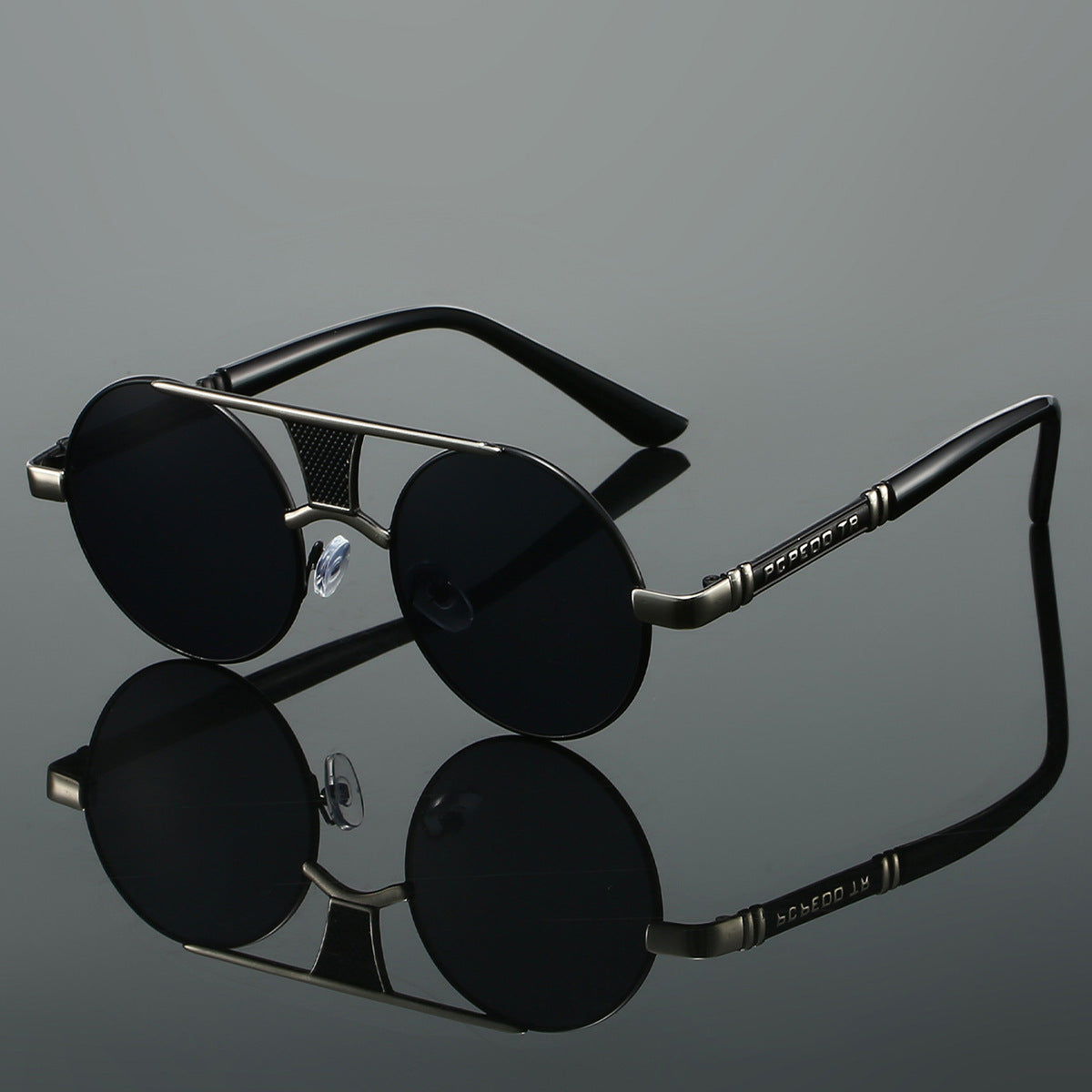 Men's Double Beam Round Frame Classic HD Fashion Sunglasses Silver Frame Black GlamzKart