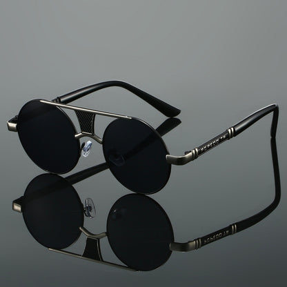 Men's Double Beam Round Frame Classic HD Fashion Sunglasses Silver Frame Black GlamzKart