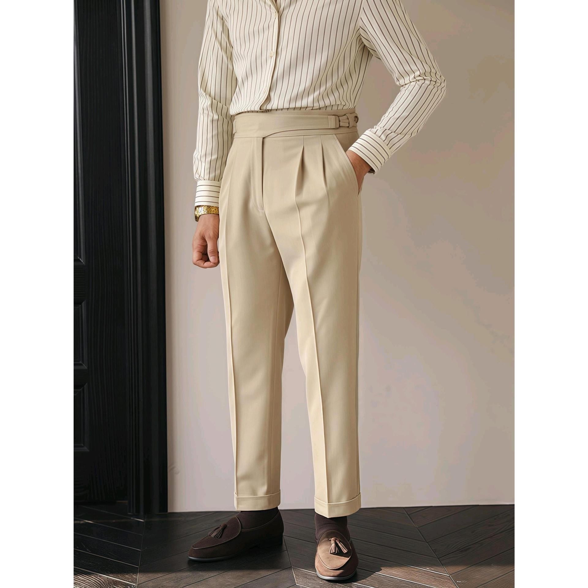 British Retro Business Casual Paris Buckle Suit Pants Men GlamzKart