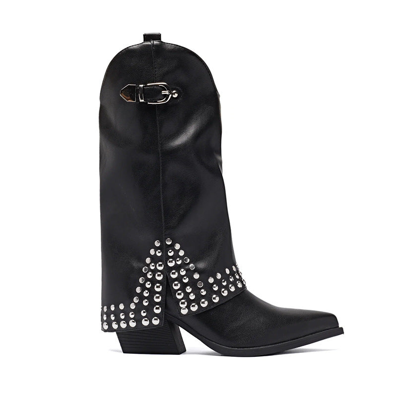 Spring And Autumn Pointed Knight Boots Women Black Leather GlamzKart