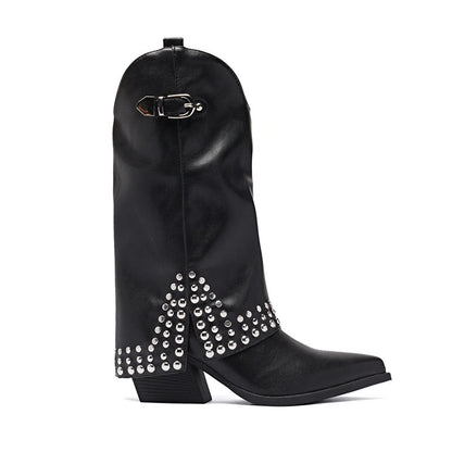 Spring And Autumn Pointed Knight Boots Women Black Leather GlamzKart