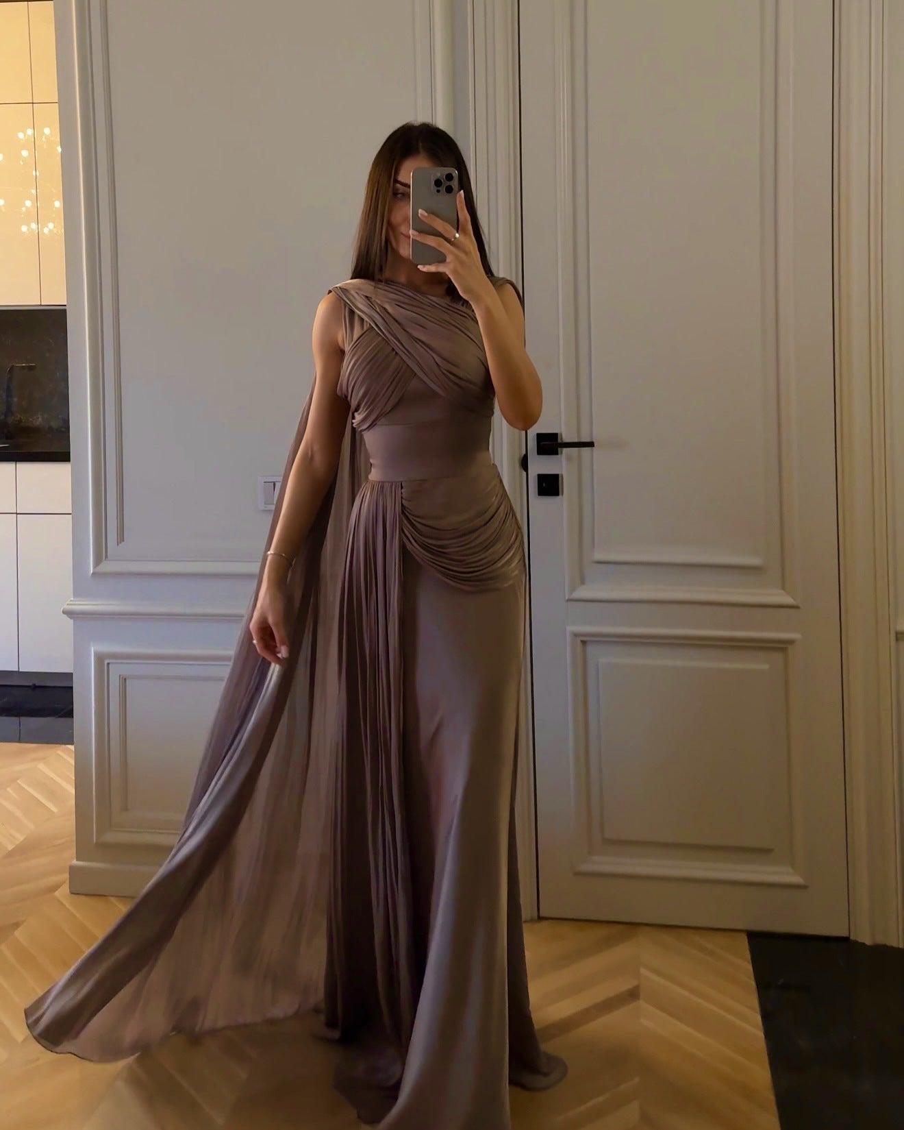 Pleated Ribbon Satin Evening Dress Greyish Purple GlamzKart